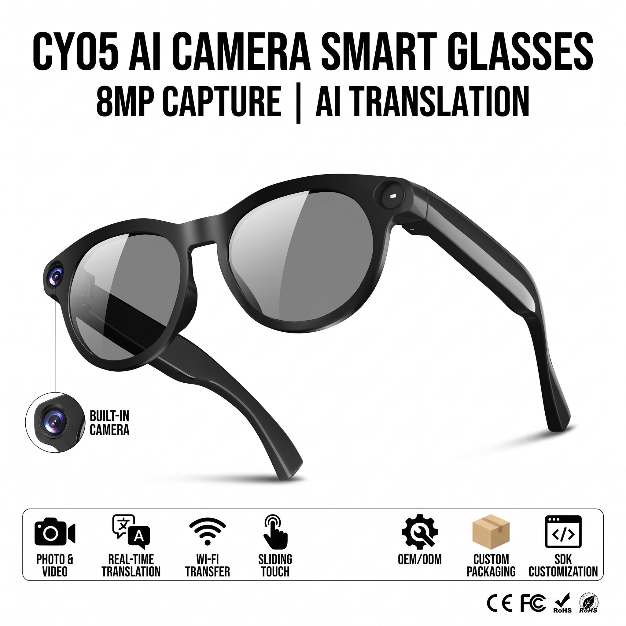 AI Camera Smart Glasses With 8MP Photo Video Recording Voice Control Real Time Translation Smart Glasses OEM ODM Factory