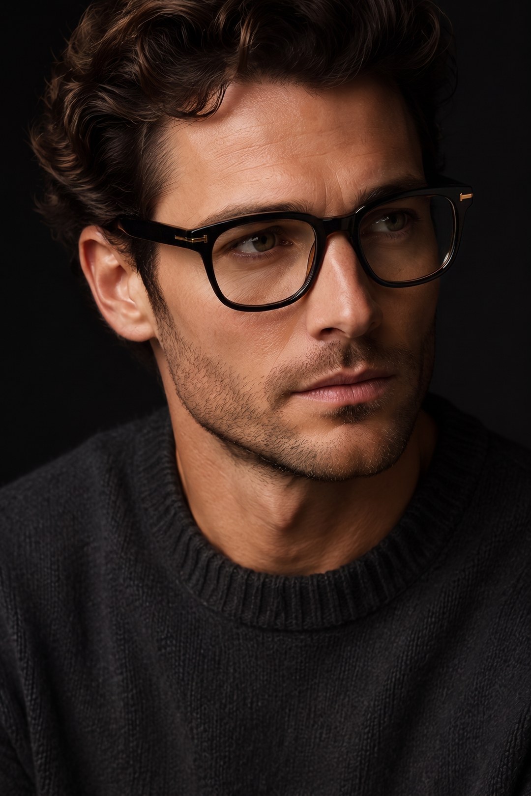 Elistro black acetate optical frame worn in a low-key editorial portrait