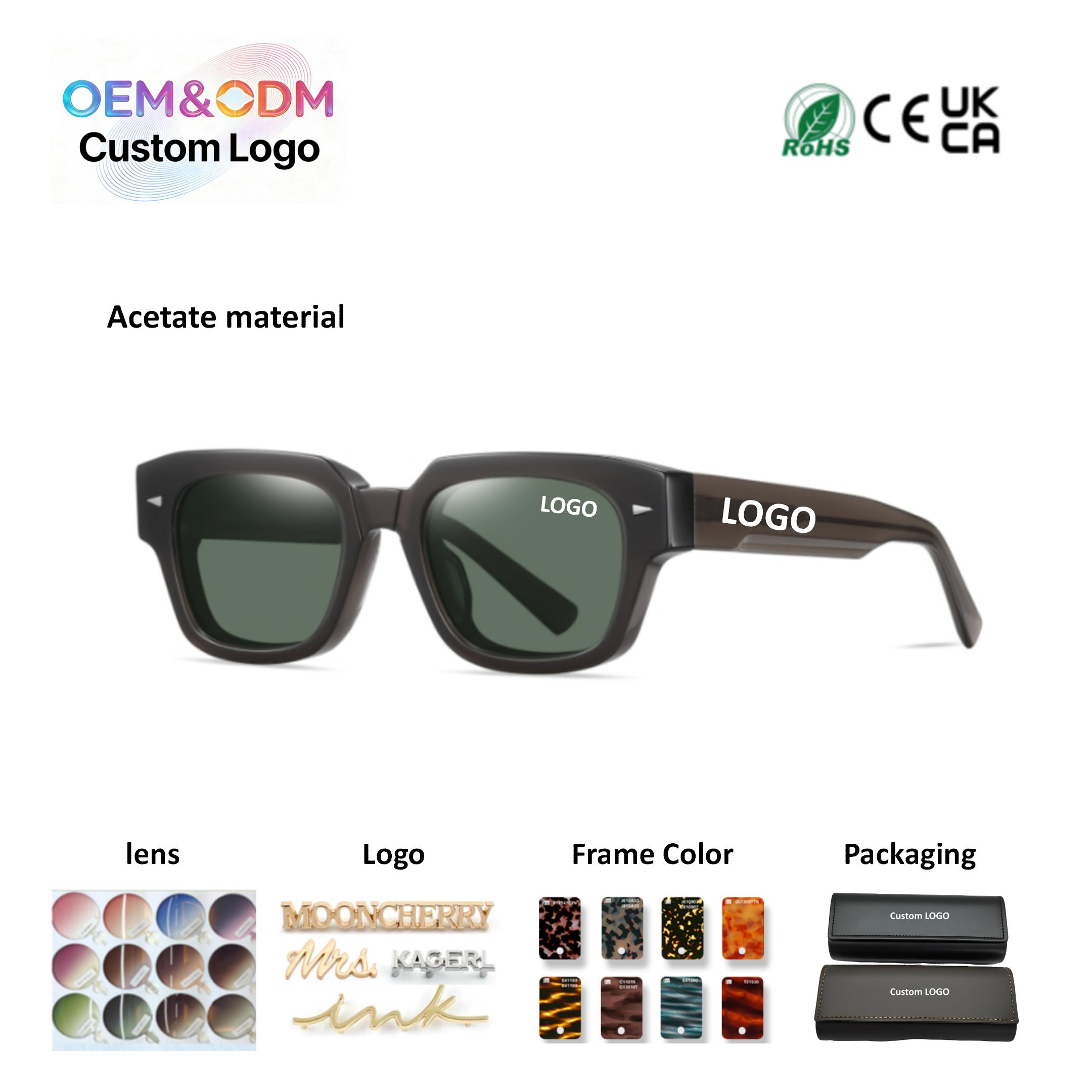 New Fashion Acetate Sunglasses Transparent Square Beveled Customizable Logo on Lens Black White Frames Premium Sunglasses