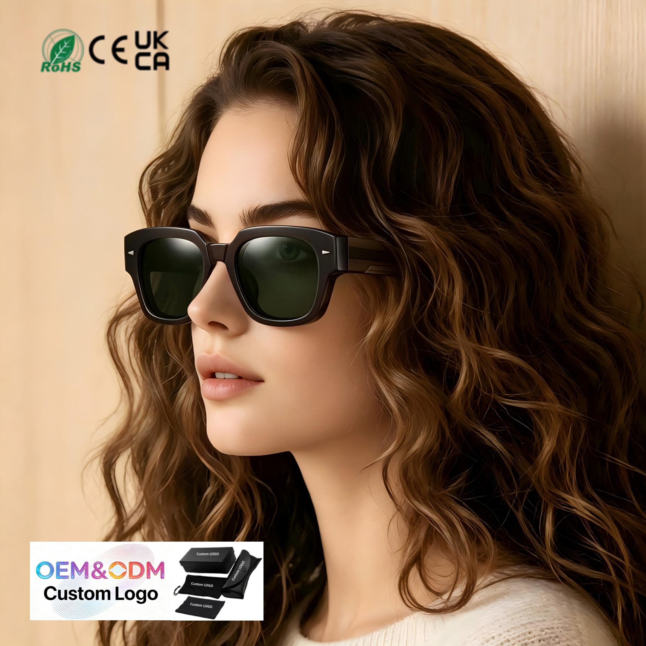 New Fashion Acetate Sunglasses Transparent Square Beveled Customizable Logo on Lens Black White Frames Premium Sunglasses