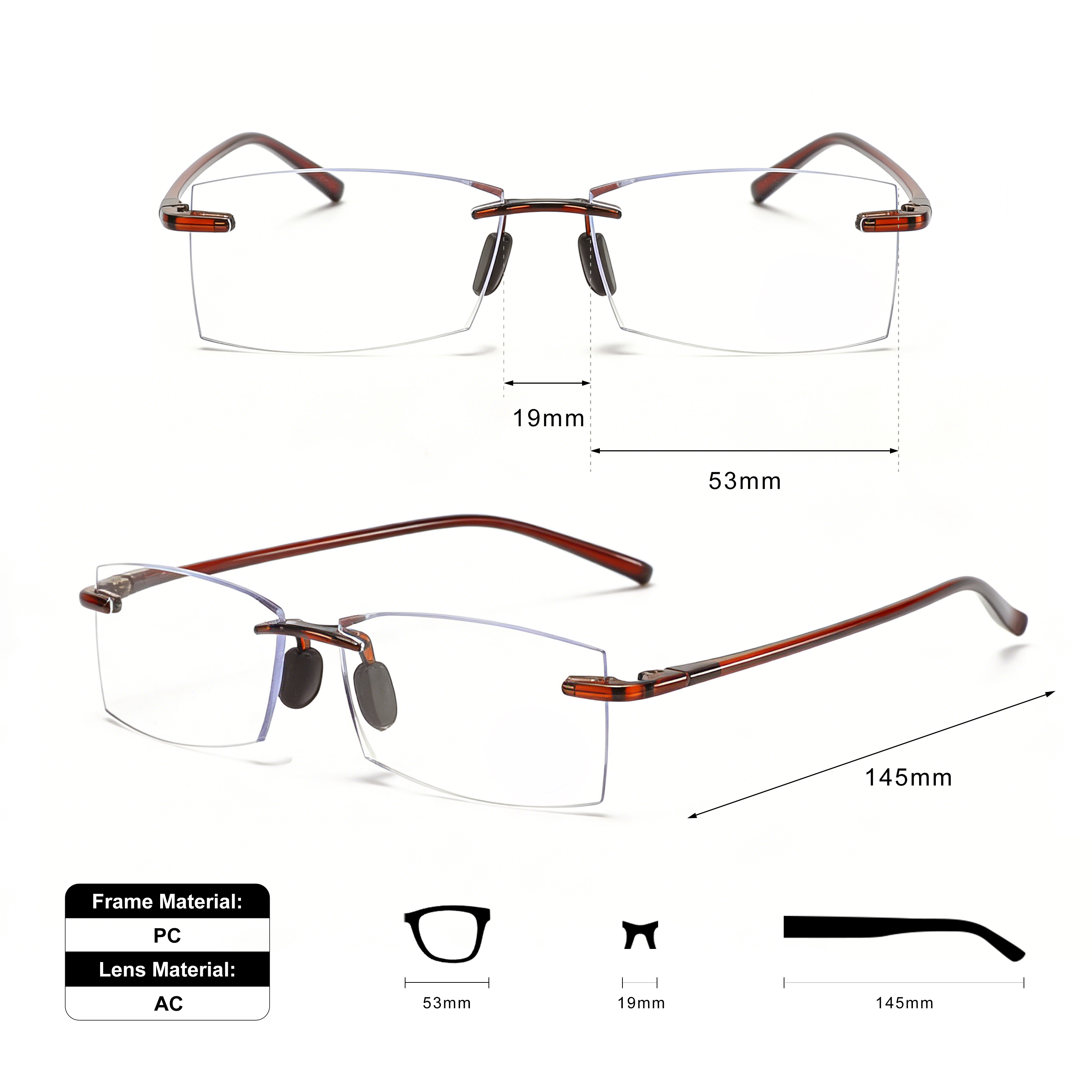 Rimless Squared PC Frame Good Quality Presbyopia Fashion Male Female Unisex Corrective Eyeglasses Reading Glasses