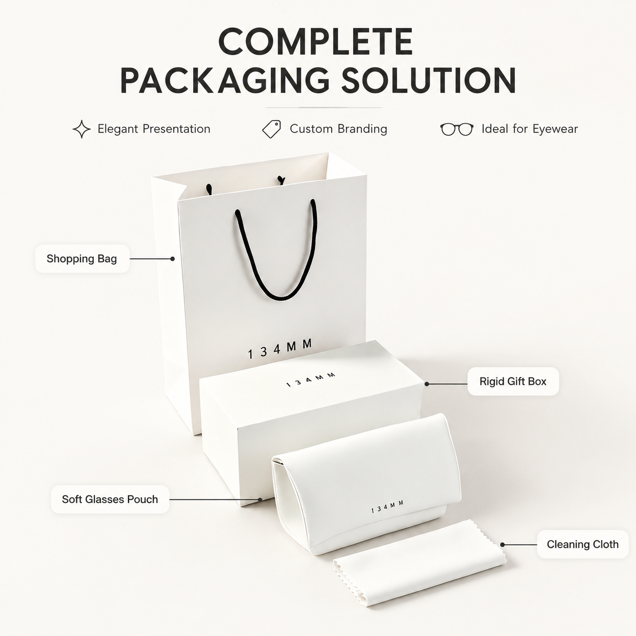 Wholesale Custom Logo White Paper Gift Bag Leather Eyeglasses Case Gift Box Pouch Cloth Optical Packaging Set