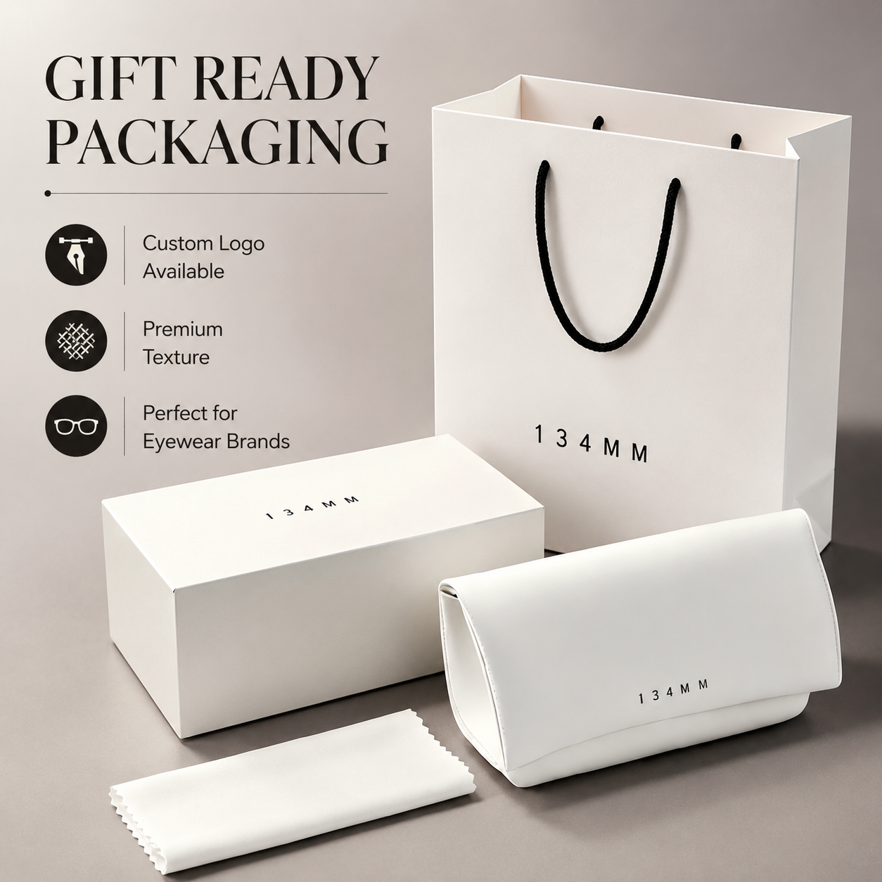 Wholesale Custom Logo White Paper Gift Bag Leather Eyeglasses Case Gift Box Pouch Cloth Optical Packaging Set