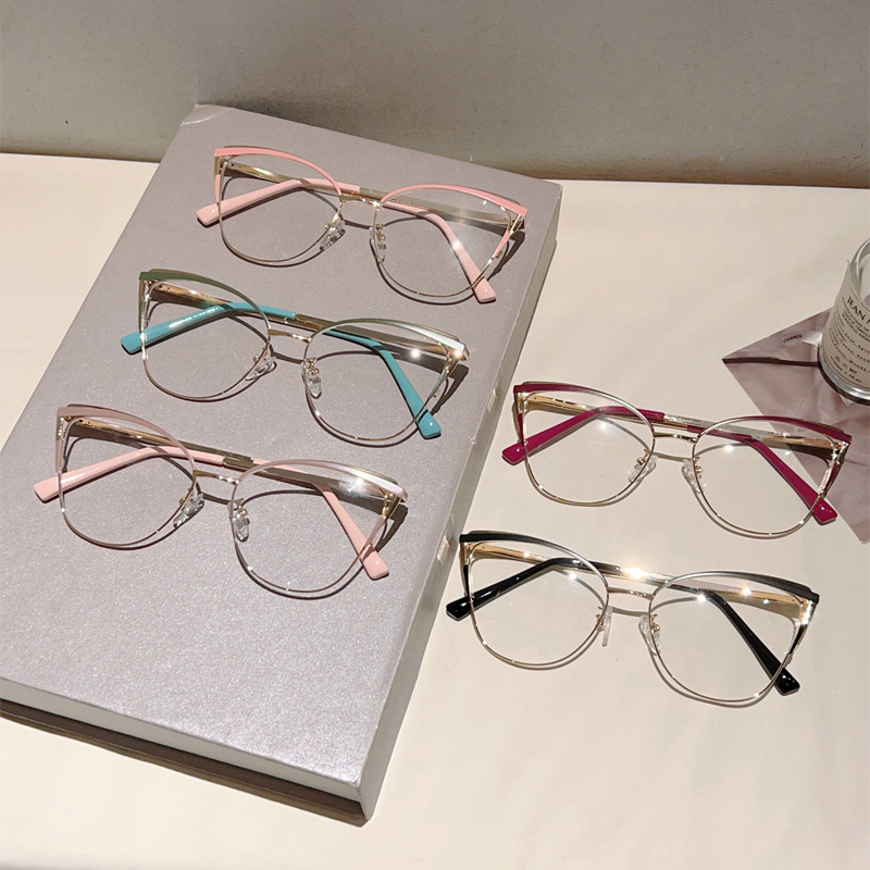 Cross-border new cat's eye full-frame plain glasses high-end feel blue light shielding metal frame reading can fit.
