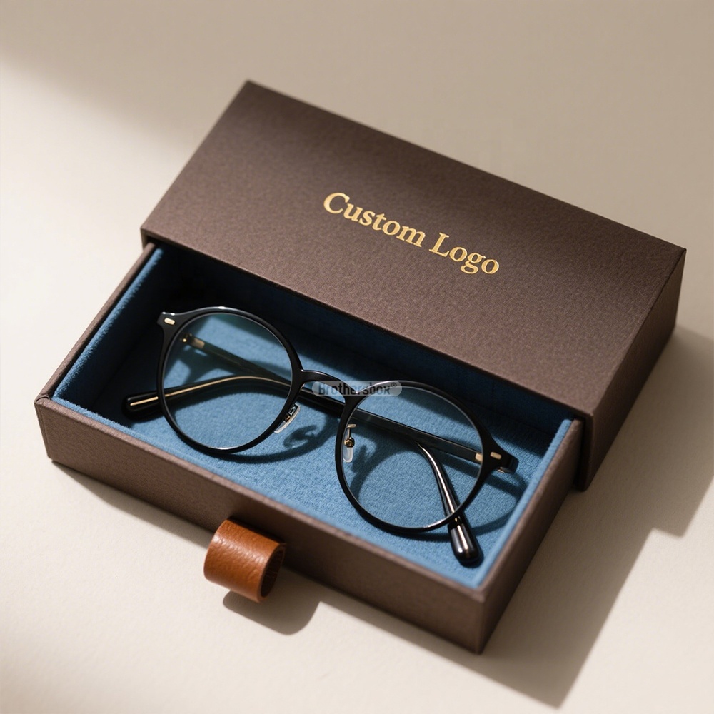 Custom Small Elegant Rigid Sliding Eyewear Paper Packaging Luxury Glasses Drawer Box With Ribbon