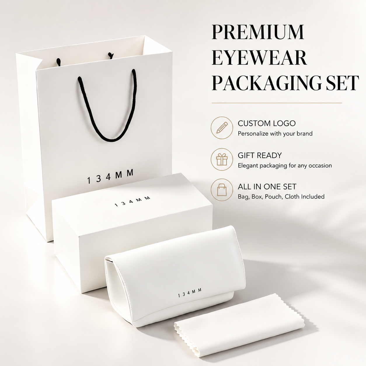 Wholesale Custom Logo White Paper Gift Bag Leather Eyeglasses Case Gift Box Pouch Cloth Optical Packaging Set