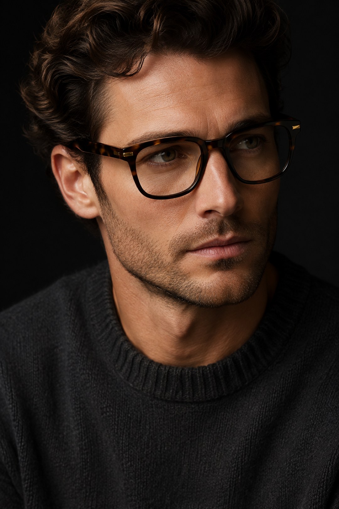 Man wearing an Elistro tortoiseshell optical frame in a dark editorial portrait