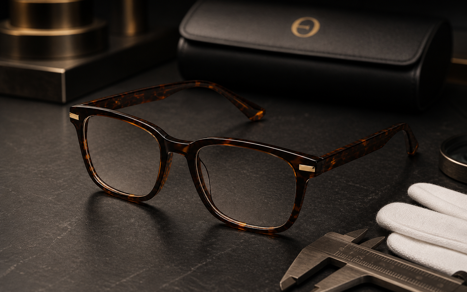 Finished Elistro tortoiseshell optical frame on a quality inspection bench