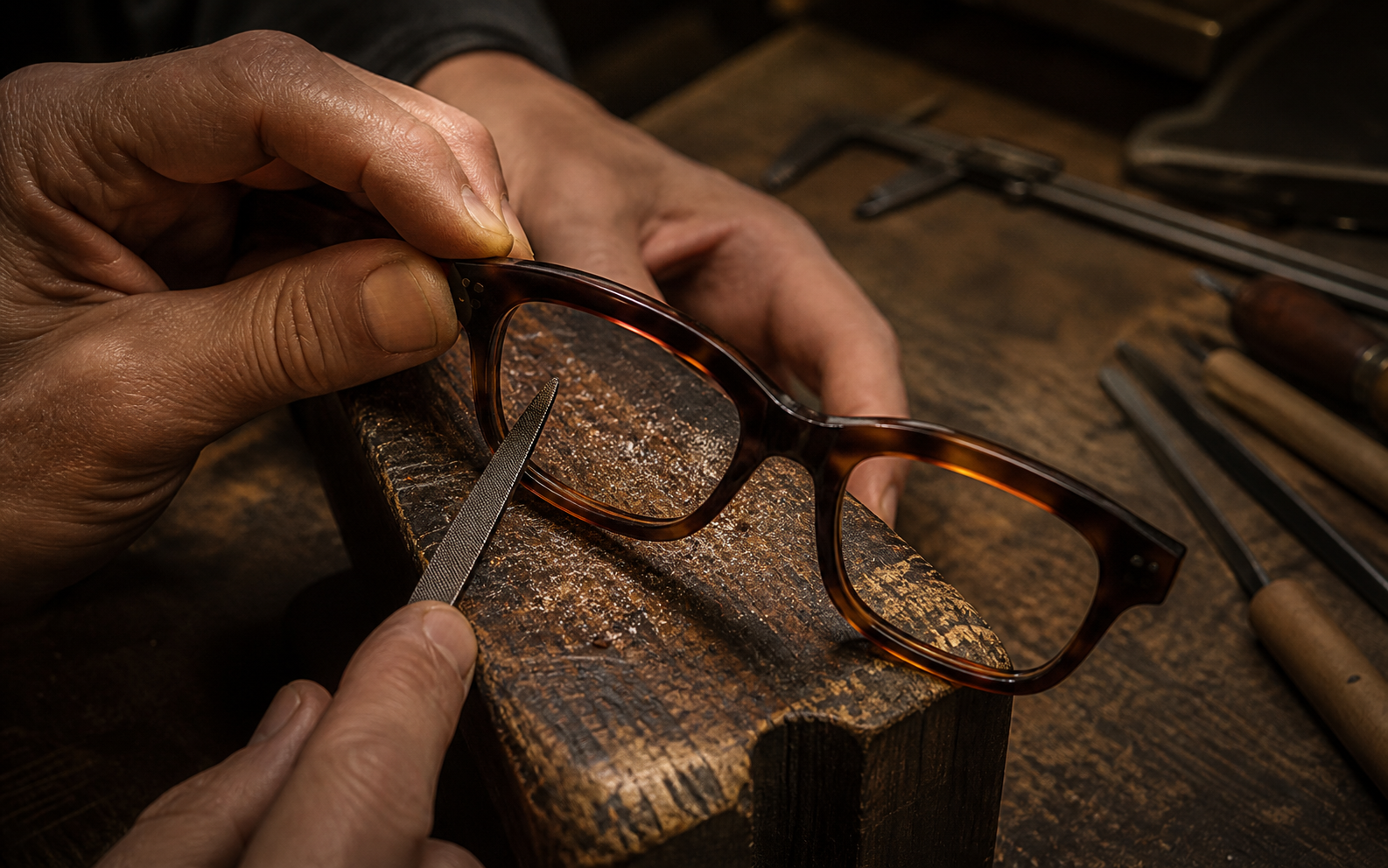 Craftsperson hand-finishing a tortoiseshell acetate frame front in the Elistro workshop