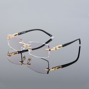 Custom Rectangle Gradient Tint Plano Prescription Optical Frame High-End Alloy Diamond Trimming Rimless Glasses