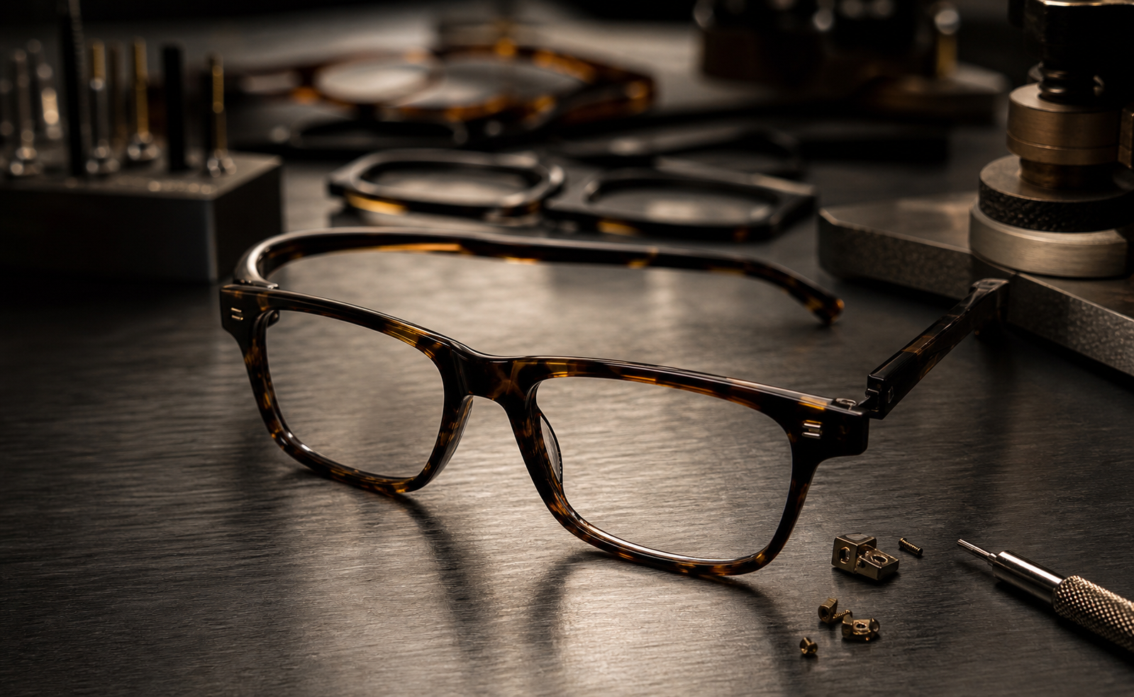 Acetate optical frame and hinge components on an inspection table