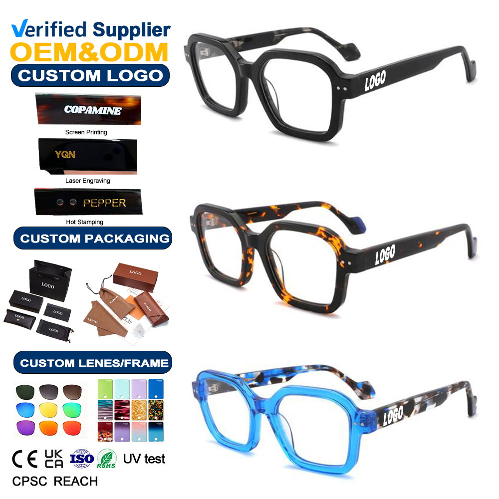 Luxury Clear Acetate Anti Blue Light Eyeglasses Frame Wide Eyewear Frames Men Custom Logo Fashion Thick Eyeglass Frames