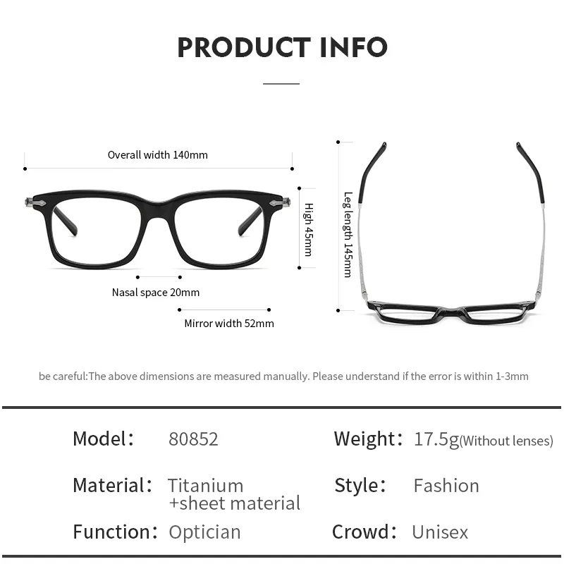 80852 Unisex Retro Business Rectangle Titanium Acetate Optical Eyewear Eyeglasses Transparent Spectacle Frame in Stock