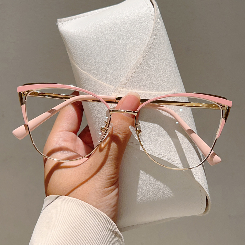 Cross-border new cat's eye full-frame plain glasses high-end feel blue light shielding metal frame reading can fit.