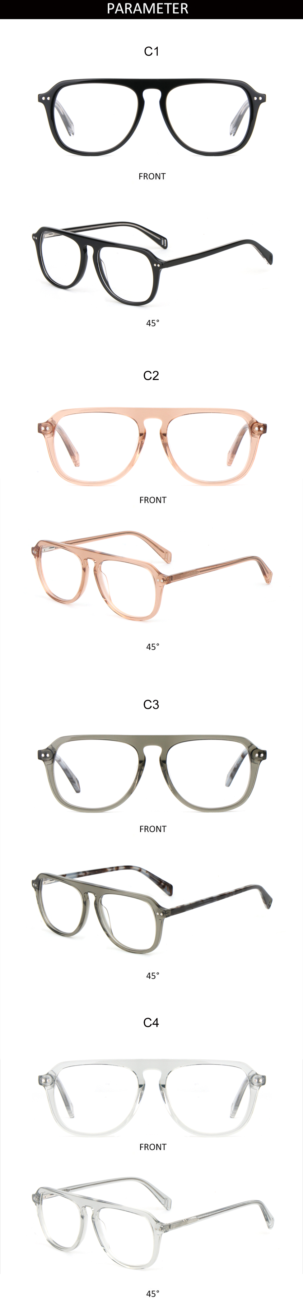 Manufacture Fashion Aviation Eyeglasses Acetate Pilot Optical Blue Light Blocking Glasses Acetate Glasses Frame for Men Women