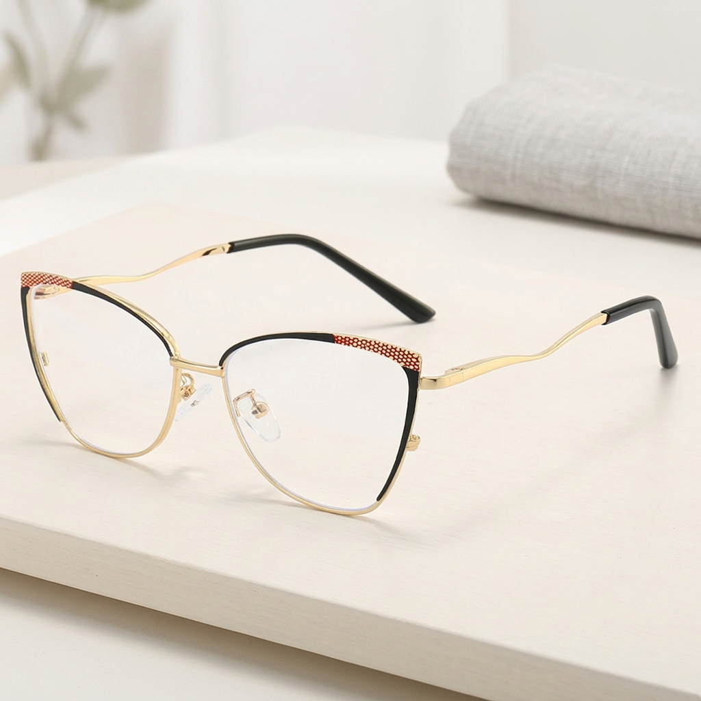 Anti-Blue Light Cat-Eye Optical Glasses Geometric Pattern Full-Rim Customizable Logo Multiple (Including Red) Universal Fit for